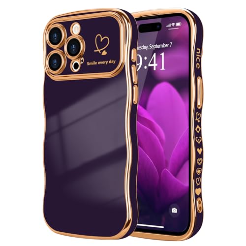 LCHULLE for iPhone 14 Pro Max Case for Women Girls Cute Wave Frame Curly Shape with Love Heart Raised Camera Protection Cover Luxury Plating Shockproof Phone Case for iPhone 14 Pro Max Dark Purple - Image 1