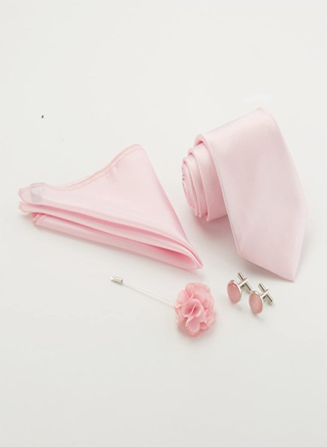 BLACKSMITH Tie, Cufflink, Pocket Square, Lapel Pin, Set of 4 for Men [ Free Size ] BABY PINK - Image 3