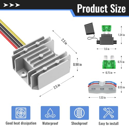 Kzreect 12V 10A 120W Step Down Converter, DC 17-65V to DC 12V Voltage Reducer, Voltage Regulator Transformer with Fuses Holder, Wire Terminals for Golf Cart Club Car Truck Vehicle, 14AWG Wire - Image 2