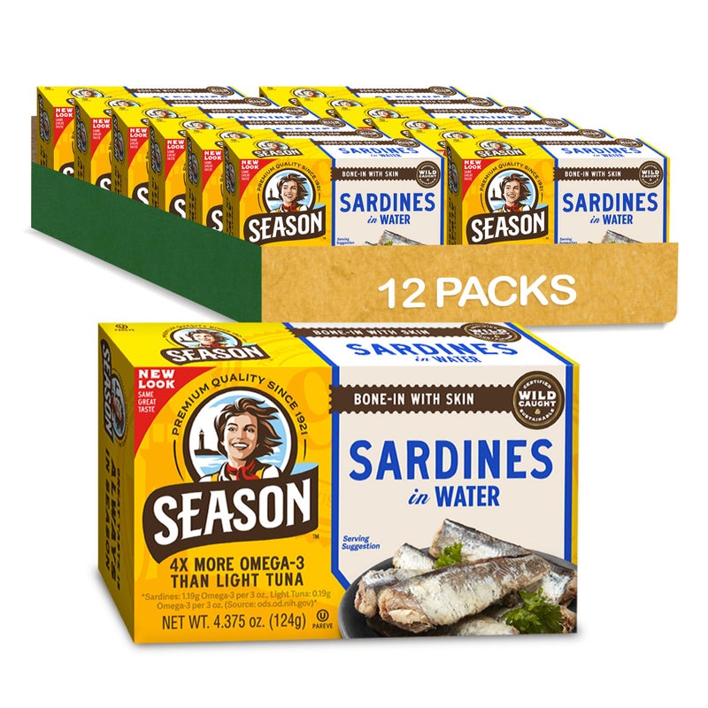 Season Sardines in Water - Wild Caught Fish, 22g of Protein, Keto Snacks, More Omega 3's Than Tuna, High in Calcium, Canned Sardines - 4.37 Oz Tins, 12-Pack - Image 1