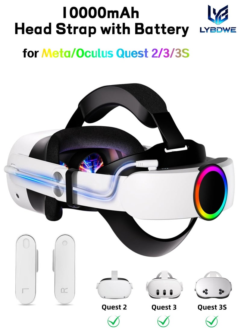 ليبدو حزام رأس LYBDWE ببطارية بسعة 10000 مللي أمبير ساعة متوافق مع Meta/Oculus Quest 2/3/3S، حزام نخبوي قابل للشحن السريع 18 واط لتمديد وقت اللعب 6-8 ساعات، حزمة بطارية RGB ملحقات حزام رأس VR - Image 1