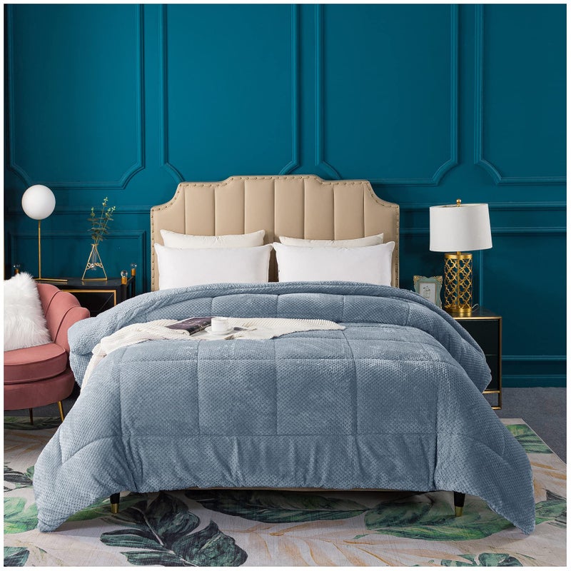 KASENTEX KASENTEX Super Ultra Soft Luxury Plush Sherpa Comforter Cozy Reversible Faux Fur Machine Washable Bedding Grey Blue King Size 