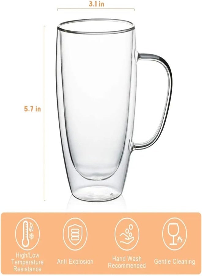 AKDC Rubik Double Wall Cup With Handle, Insulated Glass For Tea Coffee Espresso Cold Drinks Ice Cream (4Pcs, 450Ml) - Image 2