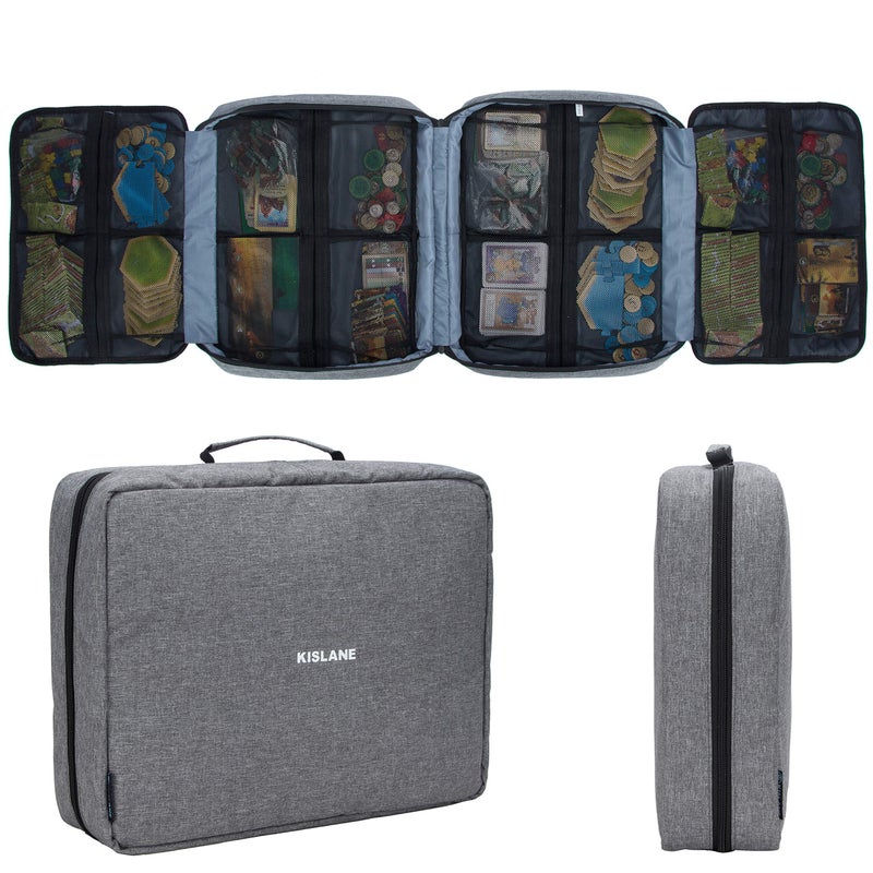 KISLANE Board Game Carrying Case with 18 Pockets for Board Games Pieces Tokens Cards and More Expandable Board Game Storage Solution for Travel Party Gathering Grey - Image 2