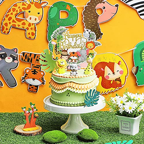 Clabby 2 Pieces Safari Animals Happy Birthday Banner Cupcake Topper Jungle Theme Supplies, Safari Decorations Baby Shower Decorations for Two Wild Theme Party Birthday Party Supplies - Image 4