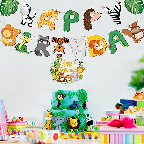 Clabby 2 Pieces Safari Animals Happy Birthday Banner Cupcake Topper Jungle Theme Supplies, Safari Decorations Baby Shower Decorations for Two Wild Theme Party Birthday Party Supplies - Image 5