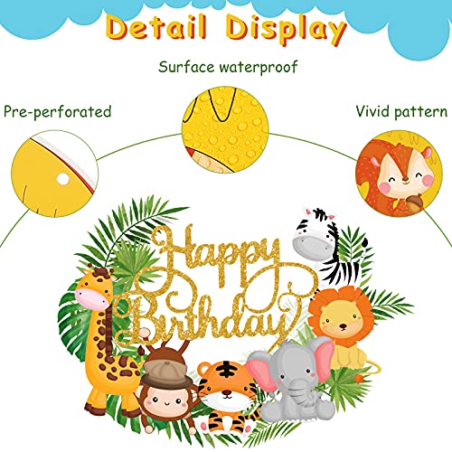 Clabby 2 Pieces Safari Animals Happy Birthday Banner Cupcake Topper Jungle Theme Supplies, Safari Decorations Baby Shower Decorations for Two Wild Theme Party Birthday Party Supplies - Image 3