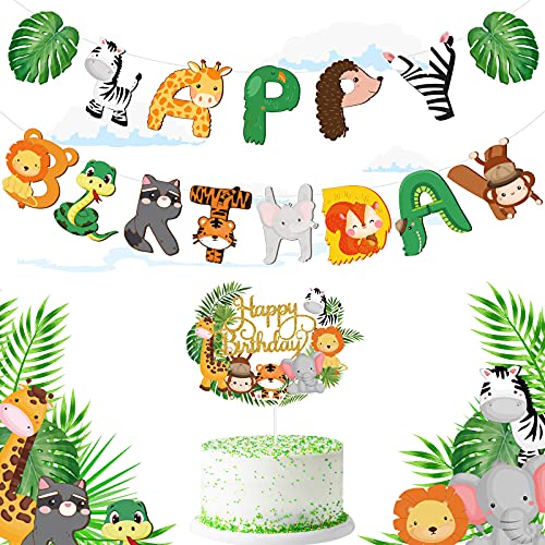Clabby 2 Pieces Safari Animals Happy Birthday Banner Cupcake Topper Jungle Theme Supplies, Safari Decorations Baby Shower Decorations for Two Wild Theme Party Birthday Party Supplies - Image 1
