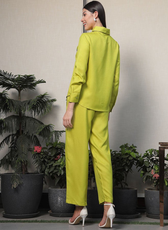PlusS Lime Green Embroidered Shirt And Trousers Co-Ords For Women - Image 5