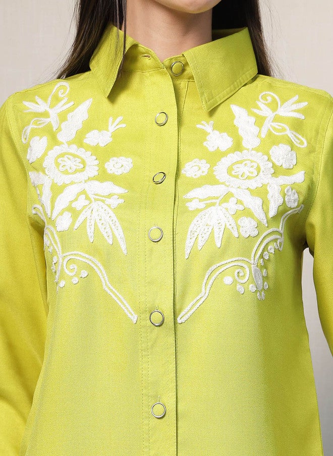 PlusS Lime Green Embroidered Shirt And Trousers Co-Ords For Women - Image 2
