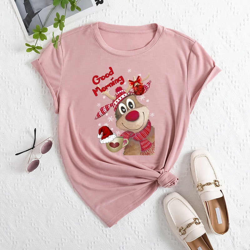 2025 Foreign Trade New Cross-border Temu AliExpress Xiyin Christmas Elk Print Womens Round Neck Short-sleeved T-shirt Lotus color 