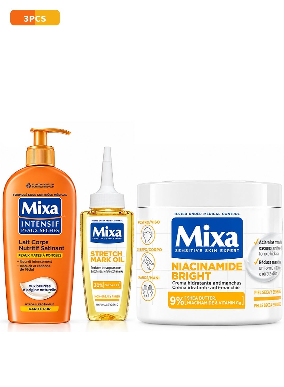 MIXA Brightening And Body Care Trio Niacinamide Bright Cream Stretch Mark Oil Nourishing Shea Butter Body Lotion