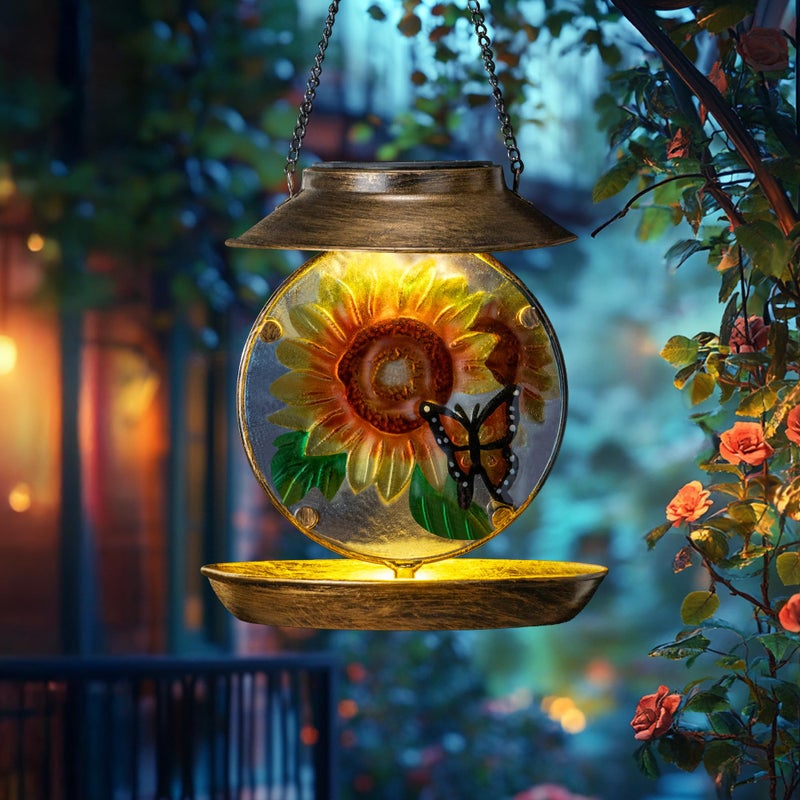 VESTCDF Solar Bird Feeders for Outdoors Hanging, Solar Sunflower Bird Feeder with Led Light Waterproof Metal Birdfeeders Outside Hanging Decorative for Outdoor Garden Yard Patio Backyard - Image 1