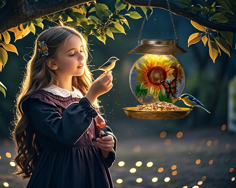 VESTCDF Solar Bird Feeders for Outdoors Hanging, Solar Sunflower Bird Feeder with Led Light Waterproof Metal Birdfeeders Outside Hanging Decorative for Outdoor Garden Yard Patio Backyard - Image 2