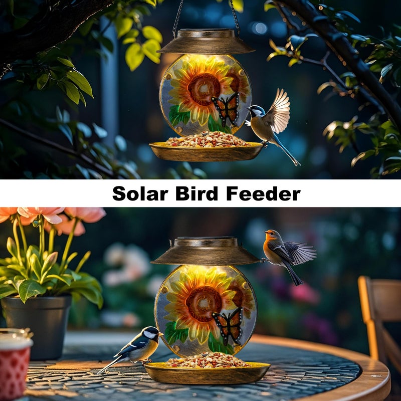 VESTCDF Solar Bird Feeders for Outdoors Hanging, Solar Sunflower Bird Feeder with Led Light Waterproof Metal Birdfeeders Outside Hanging Decorative for Outdoor Garden Yard Patio Backyard - Image 5