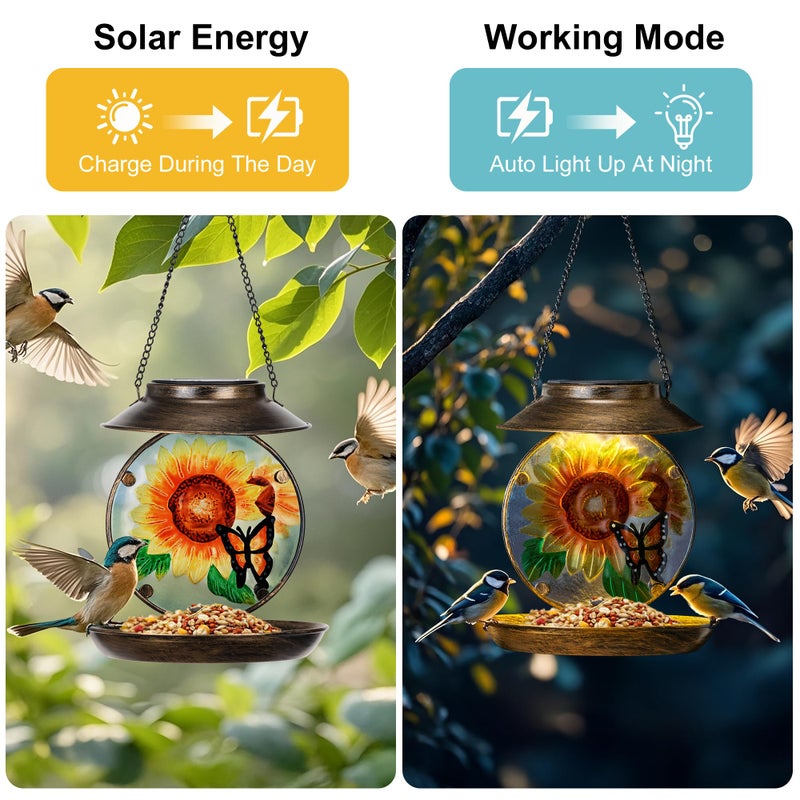 VESTCDF Solar Bird Feeders for Outdoors Hanging, Solar Sunflower Bird Feeder with Led Light Waterproof Metal Birdfeeders Outside Hanging Decorative for Outdoor Garden Yard Patio Backyard - Image 3