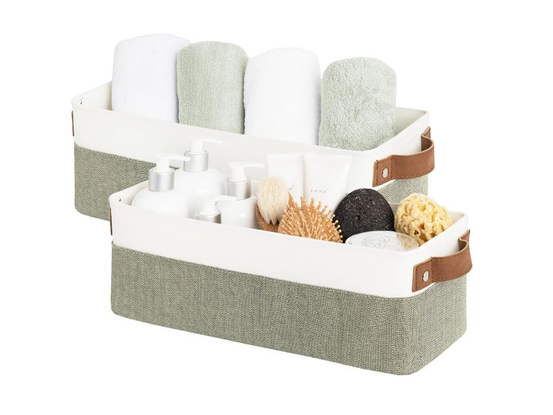 StorageWorks Narrow Storage Bins Small Basket for Closet and Shelves Fabric Organizer with Handles Toilet Paper Storage Green and White 2Pack