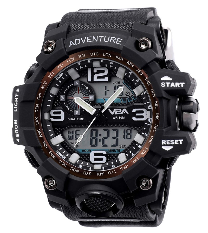 V2A Analog Digital 3Atm Waterproof Sports Watch With Backlight Alarm Snooze Stopwatch For Men (Black, Resin) - Image 1