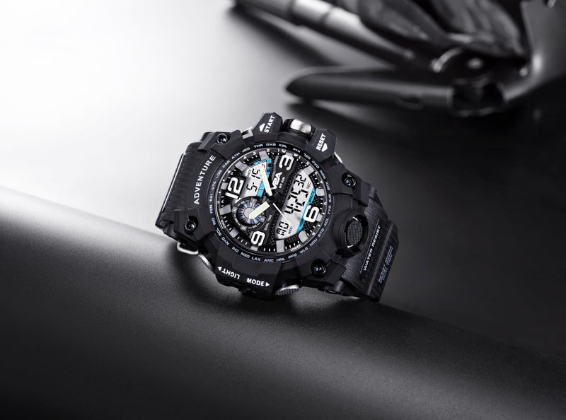 V2A Analog Digital 3Atm Waterproof Sports Watch With Backlight Alarm Snooze Stopwatch For Men (Black, Resin) - Image 2