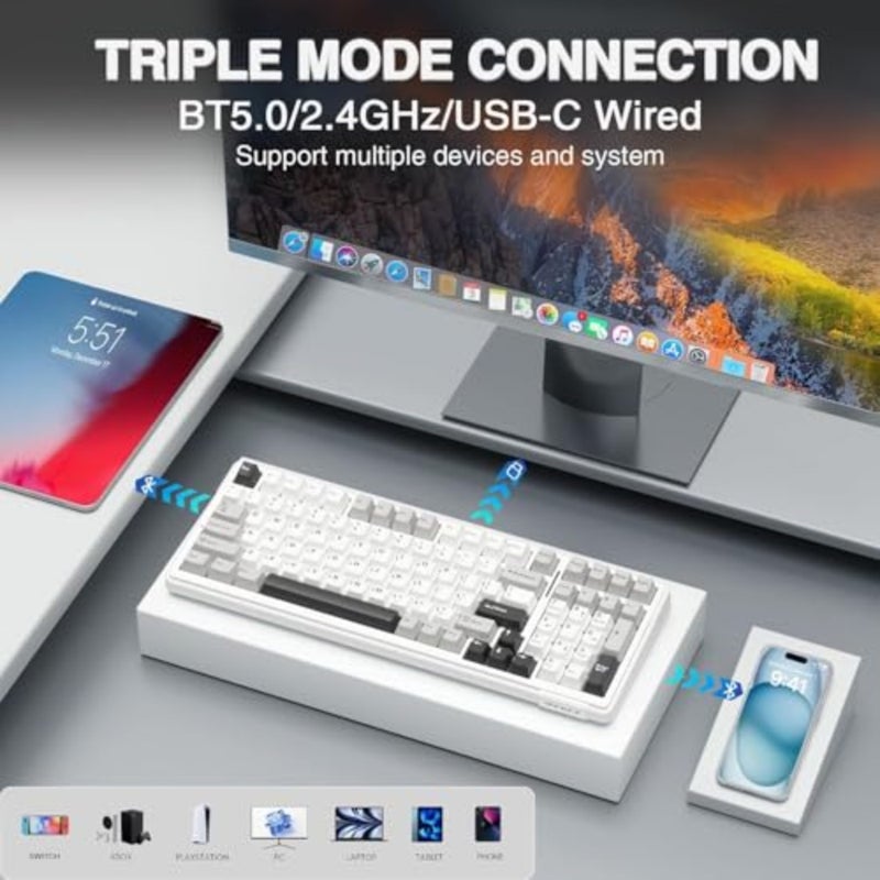 Gaming keyboard for desktop use, PBT plastic keycaps in creamy color with hot-swappable pre-lubed switches, tri-mode connectivity, programmable RGB backlight, 8000mAh battery - Image 5