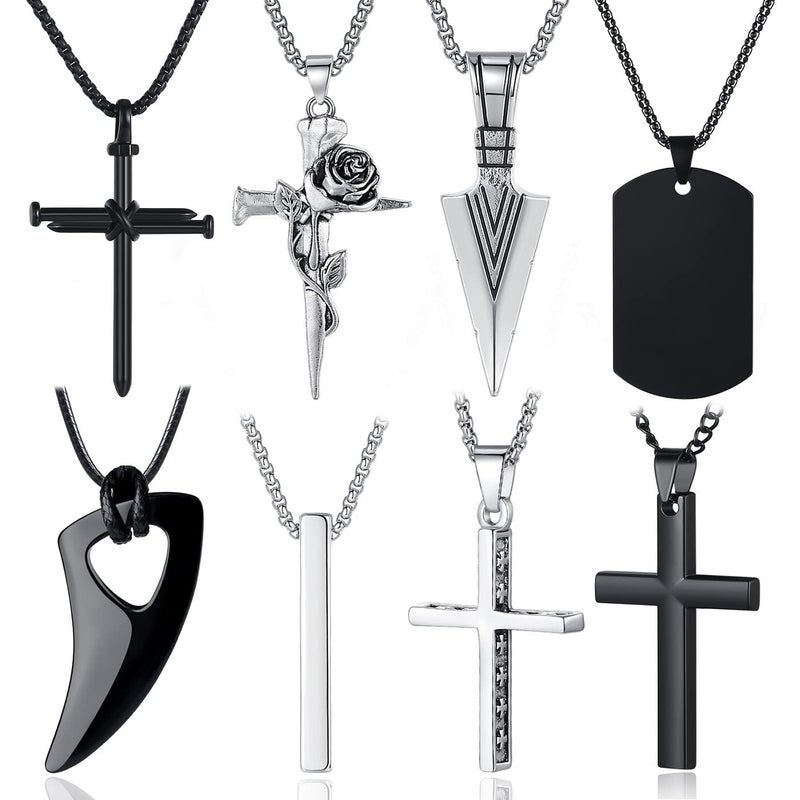 MAIBAOTA 8 Pcs Necklace for Men, Mens Necklaces Jewelry Set, Black and Silver Stainless Steel Necklace, Cross Pendant Necklace, 16-24 inches Chain, Birthday Gifts for Dad - Image 1