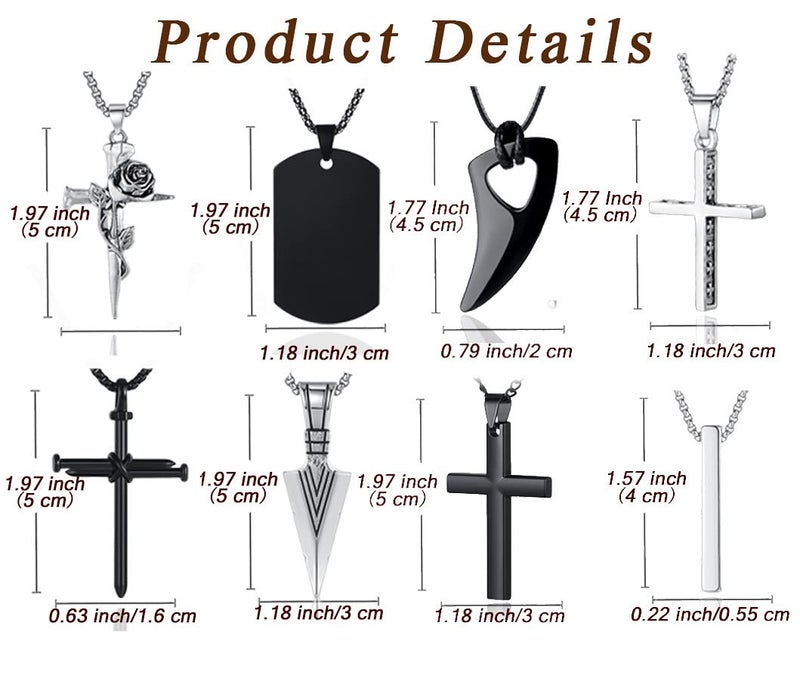 MAIBAOTA 8 Pcs Necklace for Men, Mens Necklaces Jewelry Set, Black and Silver Stainless Steel Necklace, Cross Pendant Necklace, 16-24 inches Chain, Birthday Gifts for Dad - Image 5