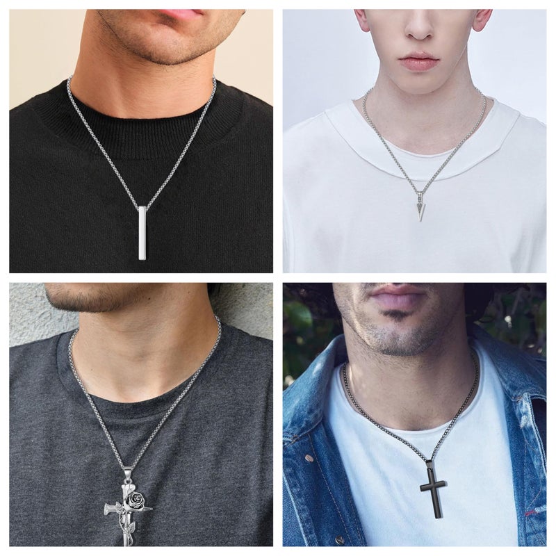 MAIBAOTA 8 Pcs Necklace for Men, Mens Necklaces Jewelry Set, Black and Silver Stainless Steel Necklace, Cross Pendant Necklace, 16-24 inches Chain, Birthday Gifts for Dad - Image 3