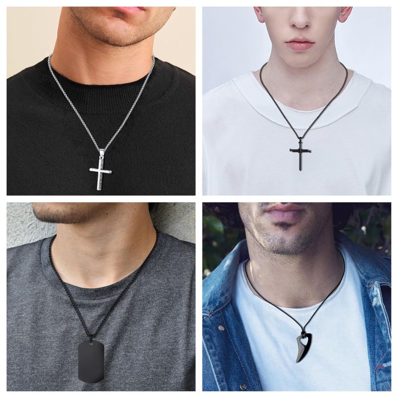 MAIBAOTA 8 Pcs Necklace for Men, Mens Necklaces Jewelry Set, Black and Silver Stainless Steel Necklace, Cross Pendant Necklace, 16-24 inches Chain, Birthday Gifts for Dad - Image 4