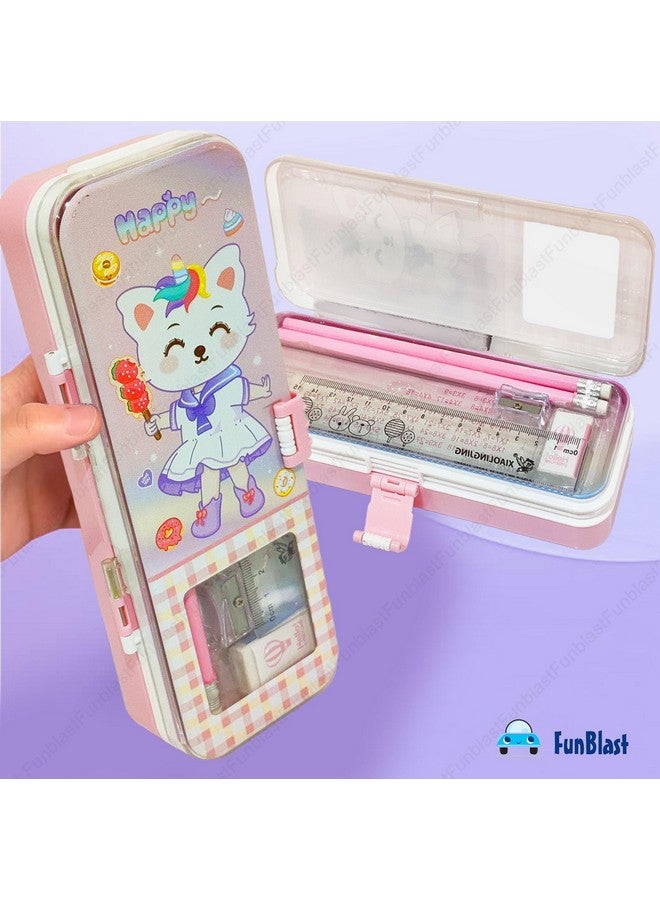 FunBlast Cartoon Pencil Case for Girls - Metal Pencil Box with Pencil, Eraser, Sharpener - Double Layer Pencil Case Stationary Organizer for Kids, Birthday Return Gift for Kids (Random Print) (Pink) - Image 2