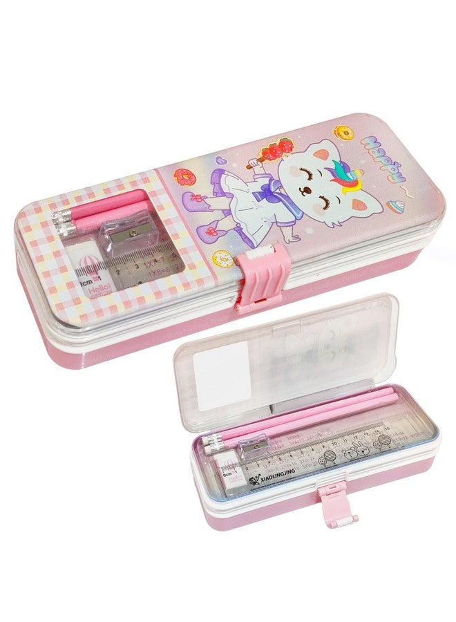 FunBlast Cartoon Pencil Case for Girls - Metal Pencil Box with Pencil, Eraser, Sharpener - Double Layer Pencil Case Stationary Organizer for Kids, Birthday Return Gift for Kids (Random Print) (Pink) - Image 1