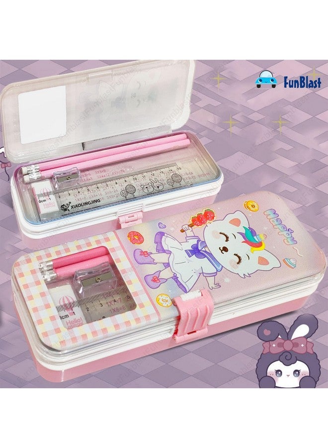 FunBlast Cartoon Pencil Case for Girls - Metal Pencil Box with Pencil, Eraser, Sharpener - Double Layer Pencil Case Stationary Organizer for Kids, Birthday Return Gift for Kids (Random Print) (Pink) - Image 4