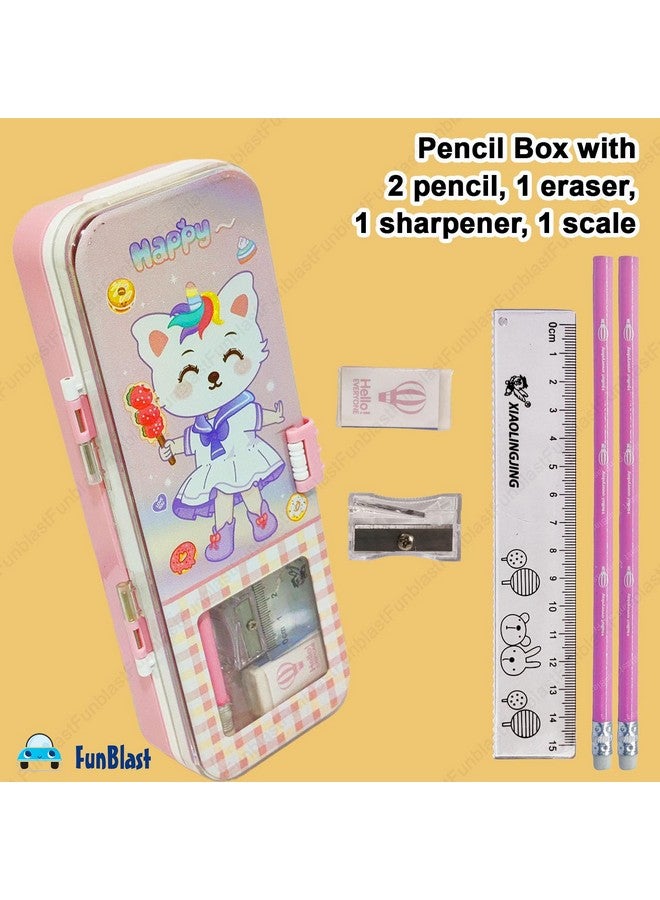 FunBlast Cartoon Pencil Case for Girls - Metal Pencil Box with Pencil, Eraser, Sharpener - Double Layer Pencil Case Stationary Organizer for Kids, Birthday Return Gift for Kids (Random Print) (Pink) - Image 5