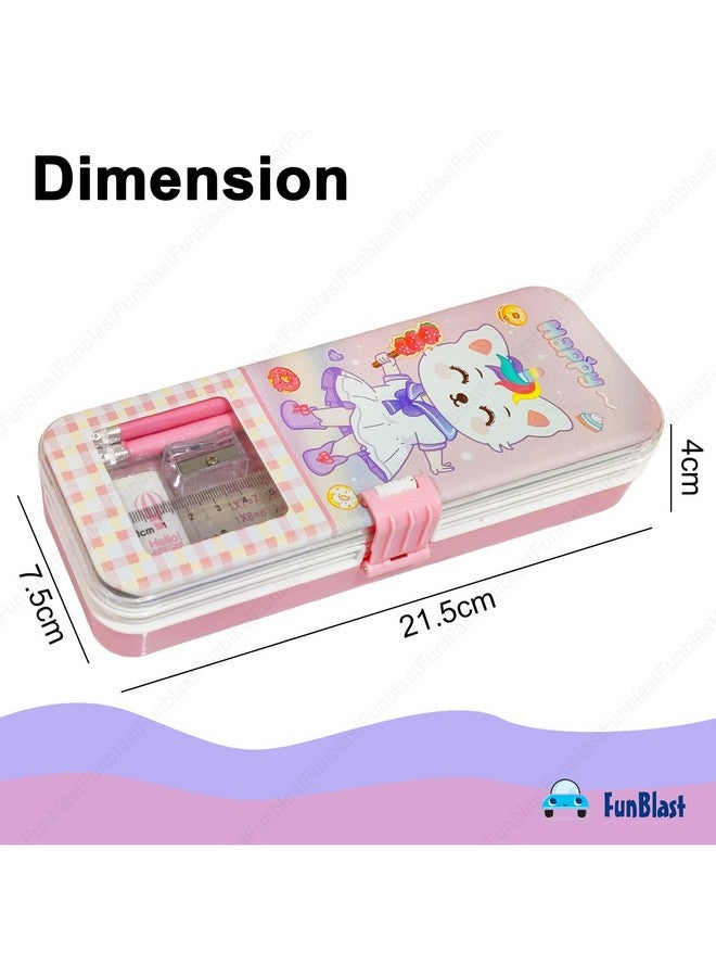 FunBlast Cartoon Pencil Case for Girls - Metal Pencil Box with Pencil, Eraser, Sharpener - Double Layer Pencil Case Stationary Organizer for Kids, Birthday Return Gift for Kids (Random Print) (Pink) - Image 3