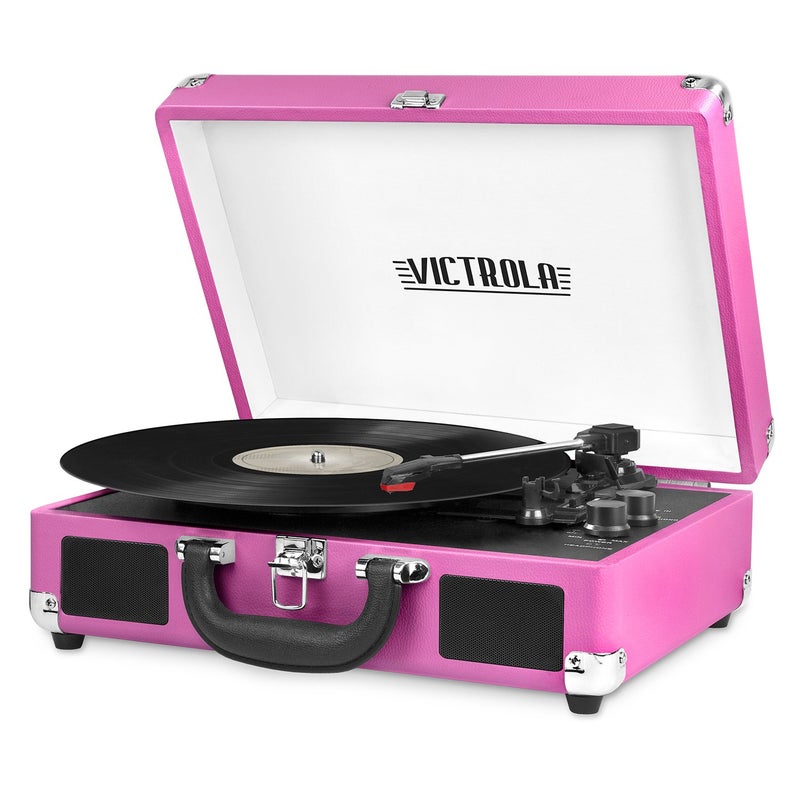 Victrola Journey Bluetooth Portable Suitcase Record Player â€“ with Built-in Speakers, 3 Speed Vinyl Record Player, RCA Out, Headphone Jack (Pink) - Image 1