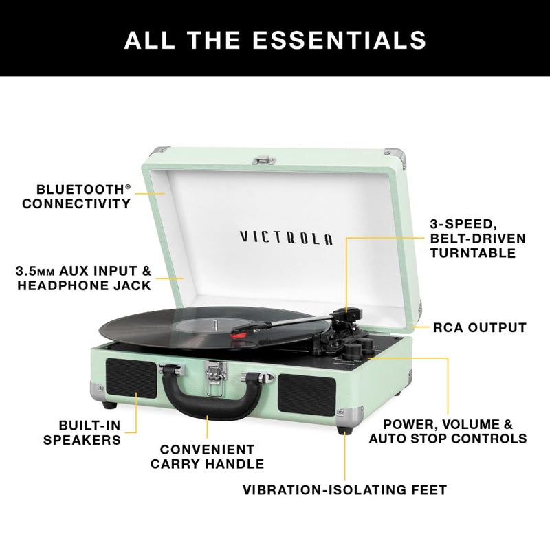 Victrola Journey Bluetooth Portable Suitcase Record Player â€“ with Built-in Speakers, 3 Speed Vinyl Record Player, RCA Out, Headphone Jack (Pink) - Image 2