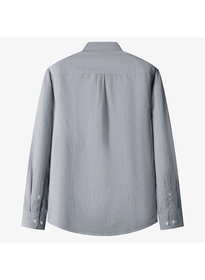 Limeng Long-sleeve Shirt For Middle-aged Men, All-cotton Casual Oxford Cloth Striped Shirt, Gray Fine Stripes, Size 44 - Image 1