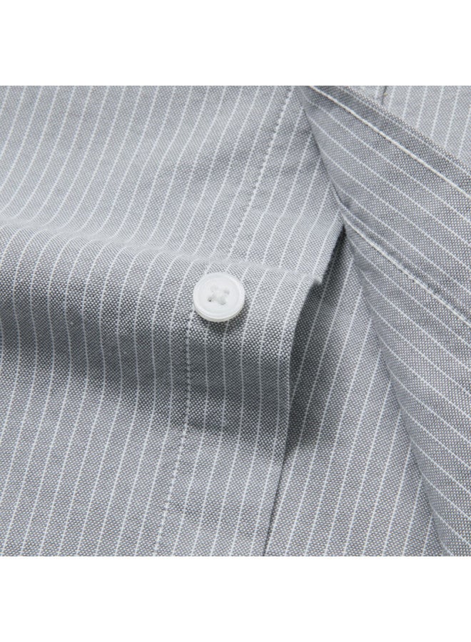 Limeng Long-sleeve Shirt For Middle-aged Men, All-cotton Casual Oxford Cloth Striped Shirt, Gray Fine Stripes, Size 44 - Image 4