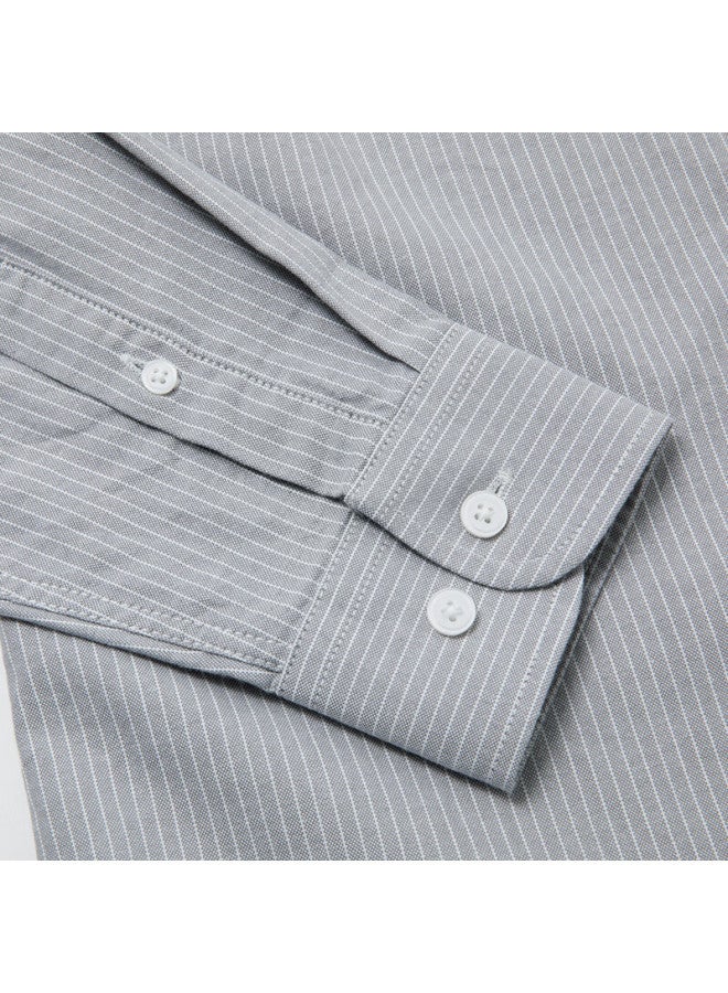 Limeng Long-sleeve Shirt For Middle-aged Men, All-cotton Casual Oxford Cloth Striped Shirt, Gray Fine Stripes, Size 44 - Image 3