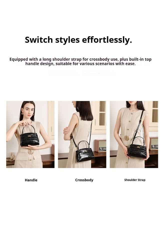 Ladies' white crocodile patterned cowhide Kelly shoulder bag with rotating lock - Image 4