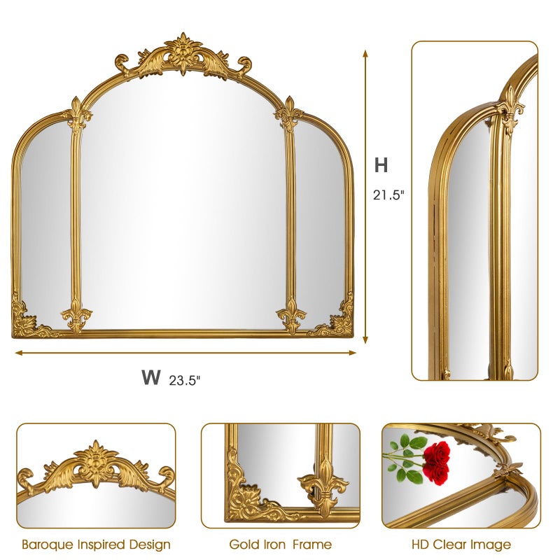 Fitous 24"x22" Gold Arch Wall Mirror, Vintage Ornate Baroque Mirror with Metal Frame, Decorative Vanity Mirror for Dresser, Bedroom, Bathroom, Fireplace, Entryway, Hallway - Image 4