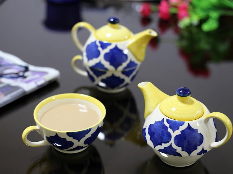 KITTENS Stackable Ceramic Tea Pot & Cup Set – Hand Painted – Blue & Yellow – Microwave & Dishwasher Safe – Food Grade – Gift Set for Tea Lovers - Image 1