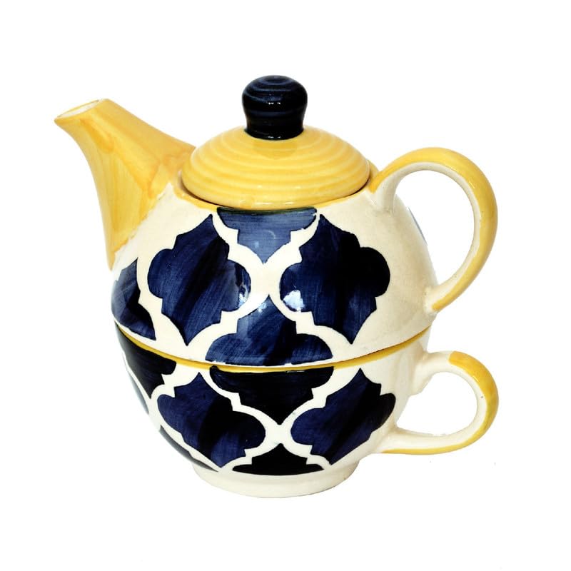 KITTENS Stackable Ceramic Tea Pot & Cup Set – Hand Painted – Blue & Yellow – Microwave & Dishwasher Safe – Food Grade – Gift Set for Tea Lovers - Image 2