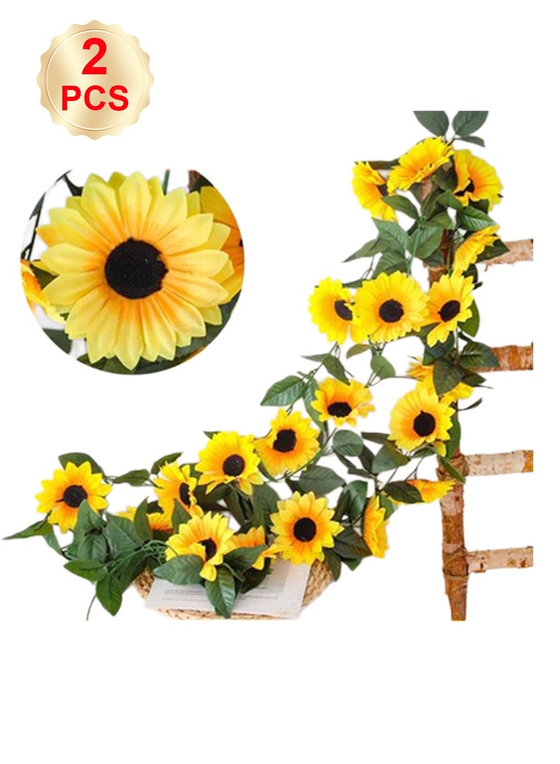 Splendors 2pc Artificial Hanging Sunflower Vine with Realistic Faux Green Leaves Fake Plant Decoration for Home and Office Indoor Outdoor Garden Shelf Living Room - Image 1