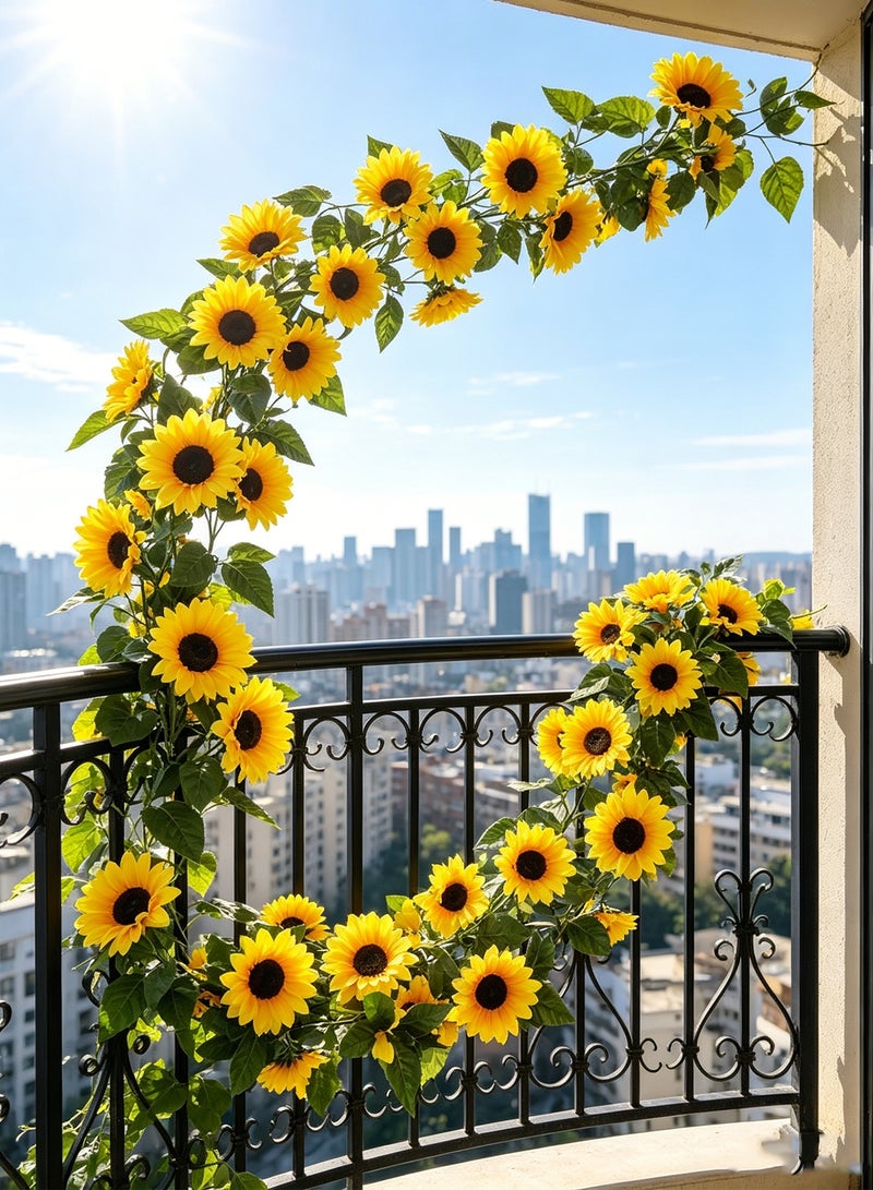 Splendors 2pc Artificial Hanging Sunflower Vine with Realistic Faux Green Leaves Fake Plant Decoration for Home and Office Indoor Outdoor Garden Shelf Living Room - Image 4