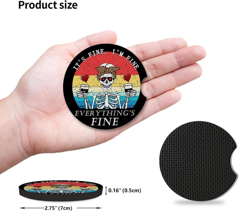 Adastrah Funny Skull with Coffee Cup Holders Car Coasters Set for Women/Men,Absorbent Cup Car Holders, 2 Pack Universal Neoprene Coasters with A Finger Notch - Image 4