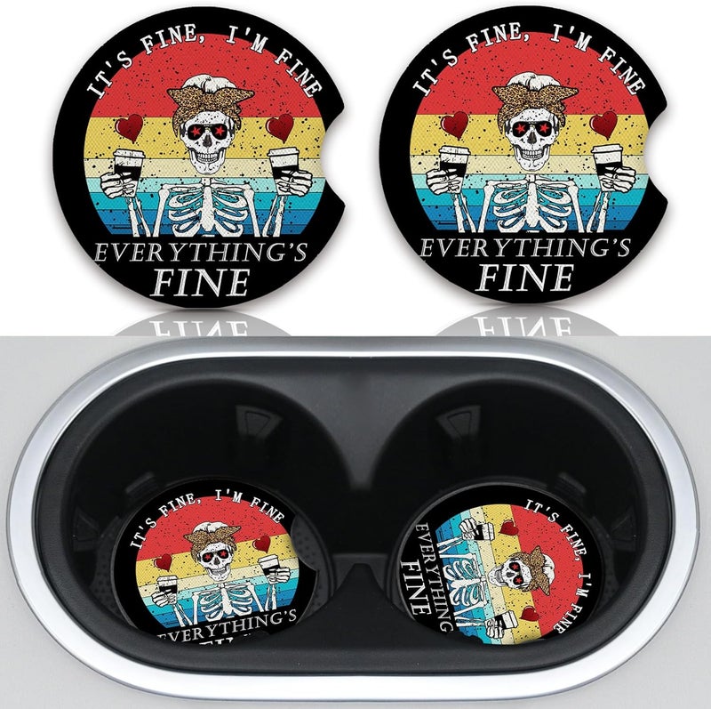 Adastrah Funny Skull with Coffee Cup Holders Car Coasters Set for Women/Men,Absorbent Cup Car Holders, 2 Pack Universal Neoprene Coasters with A Finger Notch - Image 1