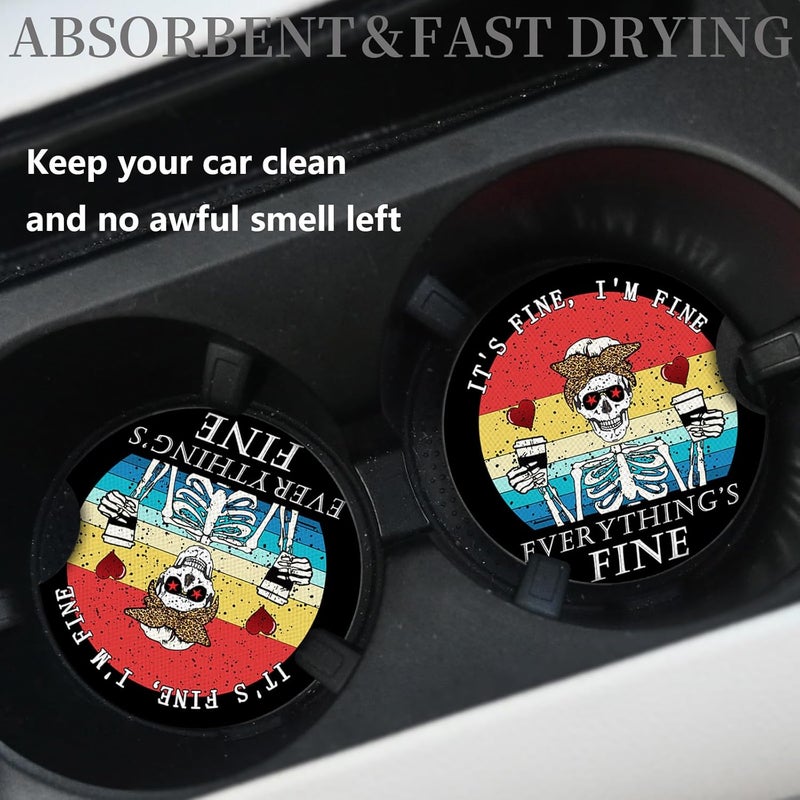 Adastrah Funny Skull with Coffee Cup Holders Car Coasters Set for Women/Men,Absorbent Cup Car Holders, 2 Pack Universal Neoprene Coasters with A Finger Notch - Image 2