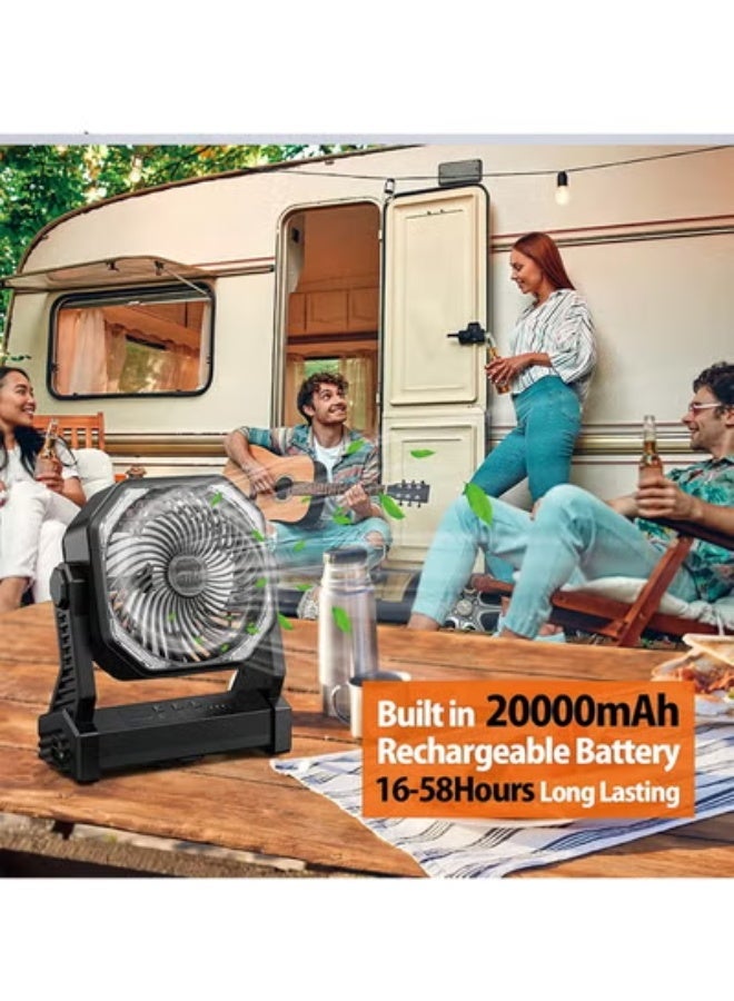 20000mAh Battery Operated Fan, Portable Rechargeable Desk/Camping Fan with Light and Hook, 270° Pivot 4 Speeds Battery Powered Outdoor Fan for Tent Car Trip Sleep Hurricane Power Outages - Image 2