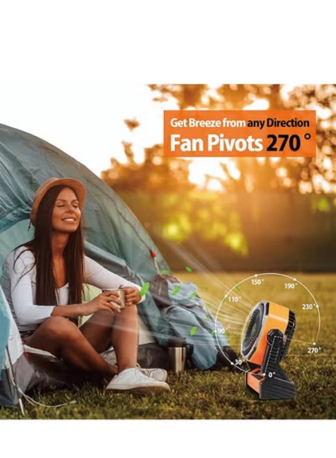20000mAh Battery Operated Fan, Portable Rechargeable Desk/Camping Fan with Light and Hook, 270° Pivot 4 Speeds Battery Powered Outdoor Fan for Tent Car Trip Sleep Hurricane Power Outages - Image 4