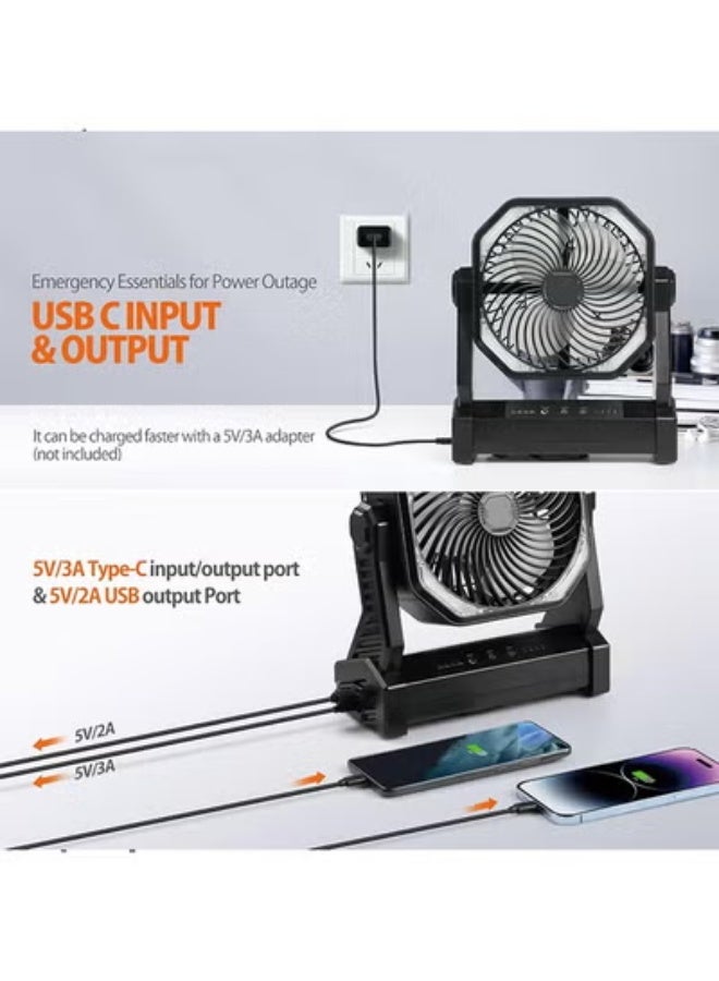 20000mAh Battery Operated Fan, Portable Rechargeable Desk/Camping Fan with Light and Hook, 270° Pivot 4 Speeds Battery Powered Outdoor Fan for Tent Car Trip Sleep Hurricane Power Outages - Image 5